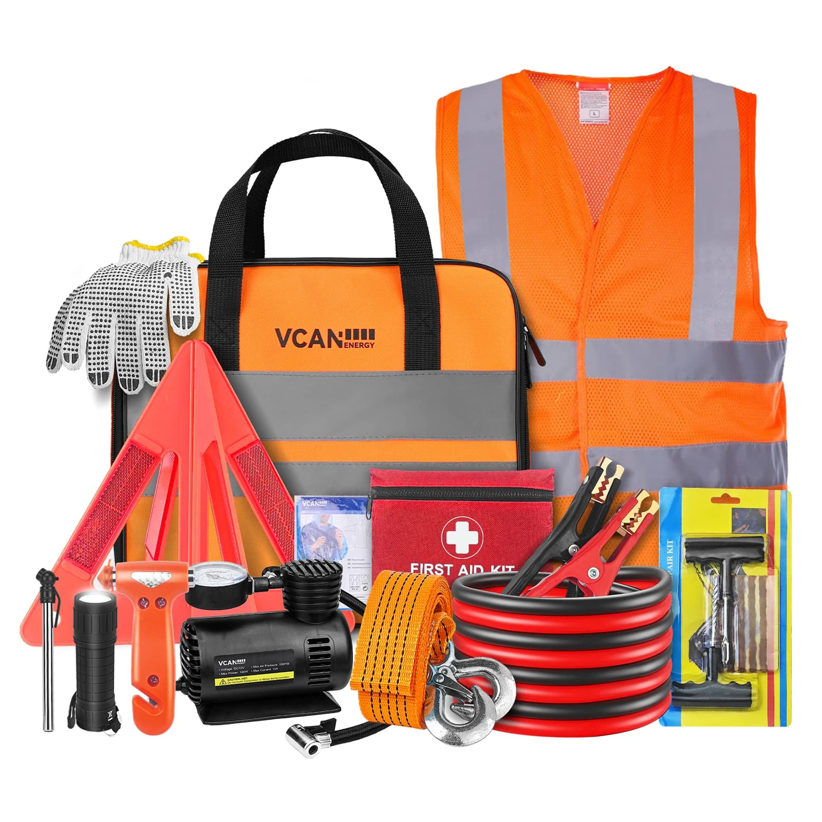 Borsa per kit di sicurezza di emergenza con compressore d'aria portatile, cavi jumper, kit di pronto soccorso, manometro per pneumatici, sicurezza per veicoli automatici
