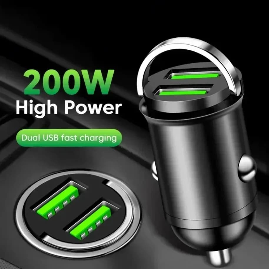 Caricatore mini USB a doppia porta per auto da 200 W Presa accendisigari a ricarica ultra veloce Adattatore di ricarica per telefono cellulare in alluminio 12-24 V