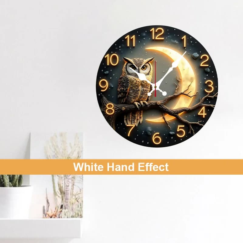 1 piece moonlight night design wall clock - Silent round flat clock without 10 inch ticking with owl and crescent