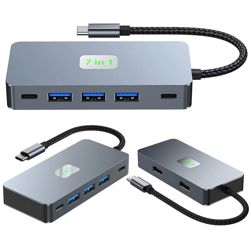 Docking station da USB C a doppia HDMI 7 in 1 PD 100W Adattatore da USB C a doppio HDMI compatibile 3 * USB3.0 e 1 * Hub USB-C USB-C