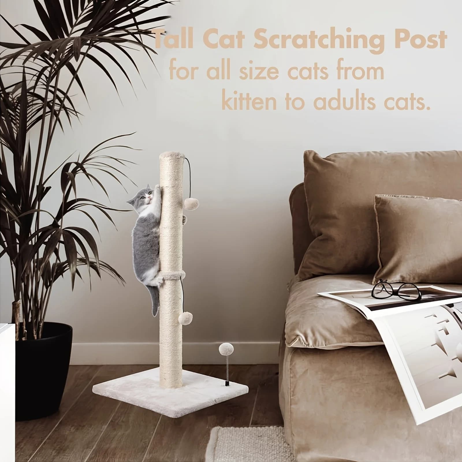 ECOBOOM Set Tiragraffi per Gatti da 86 cm con Pali e Alberi in Sisal, Include una Palla Sospesa per Gatti da Interno