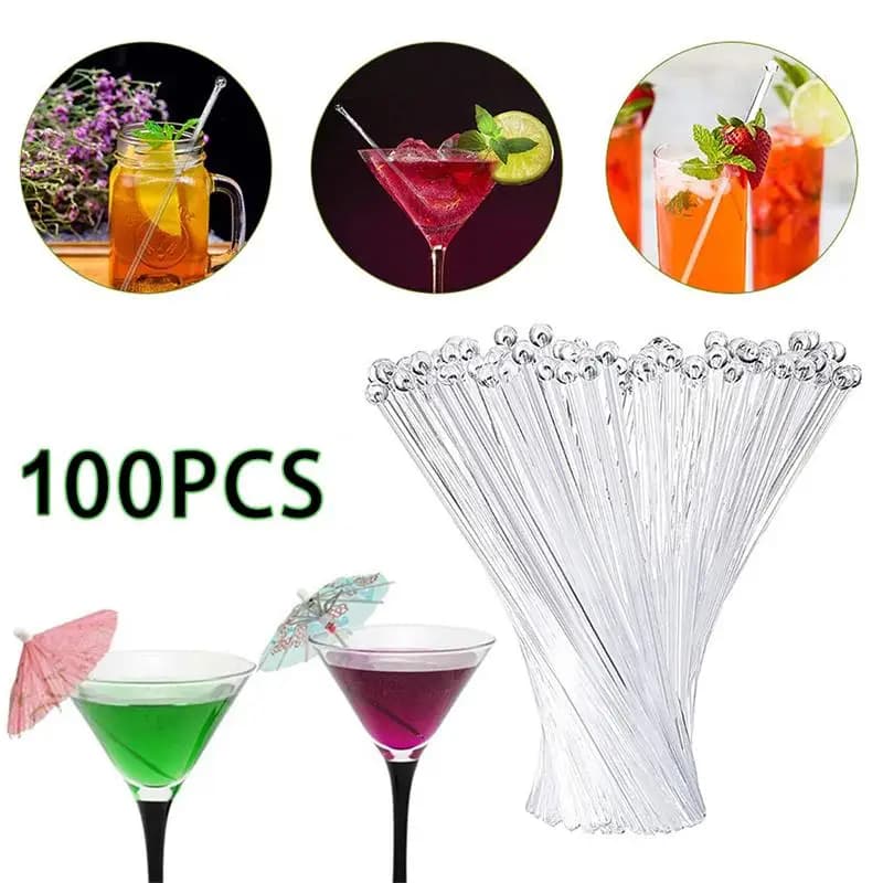 【M】100Pcs Transparent Cocktail Drink Bar Muddler Round Head Plastic Stirring Mixing Sticks Ladle Stirrer Swizzle Stick