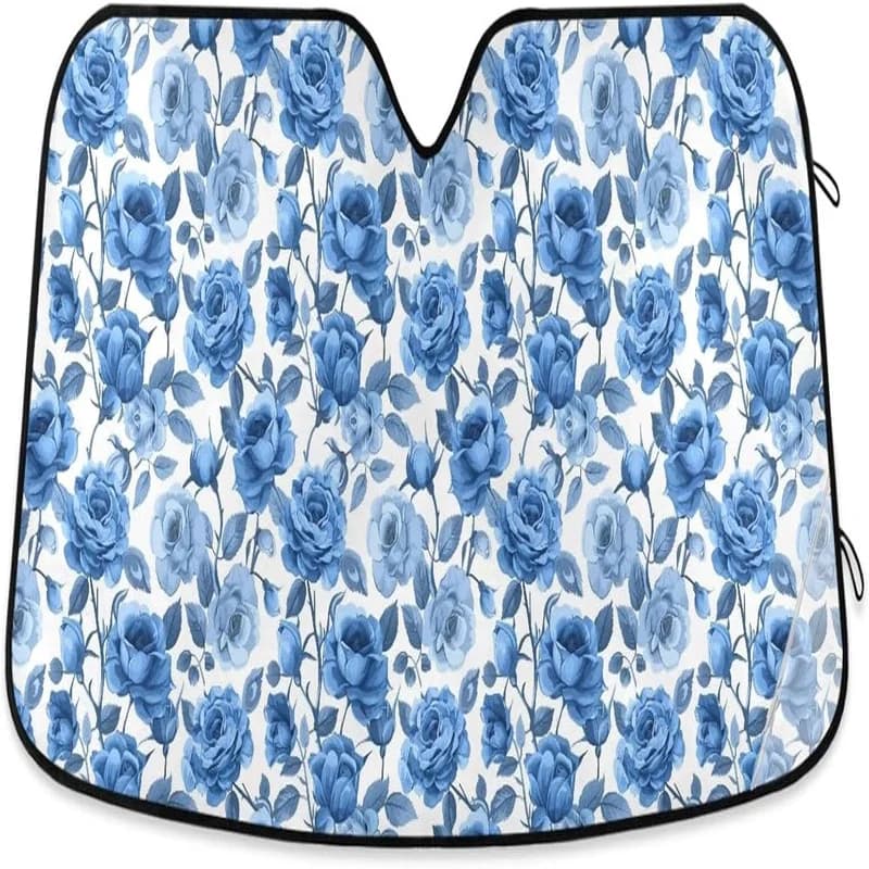 Blue Rose Floral Flower Car Windshield Sun Shade Front Window Sunshade Cover Foldable Sun Shield Visor, 55x27.6 Inch