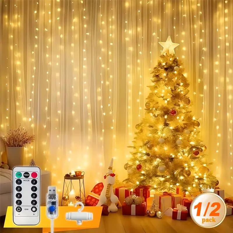 1 Pezzo Tenda Luminosa a LED USB, Ghirlanda Luminosa 3x3/3x2/3x1, 8 Modalità con Telecomando, Luce Bianca Calda per Camera da Letto, Matrimoni, Natale