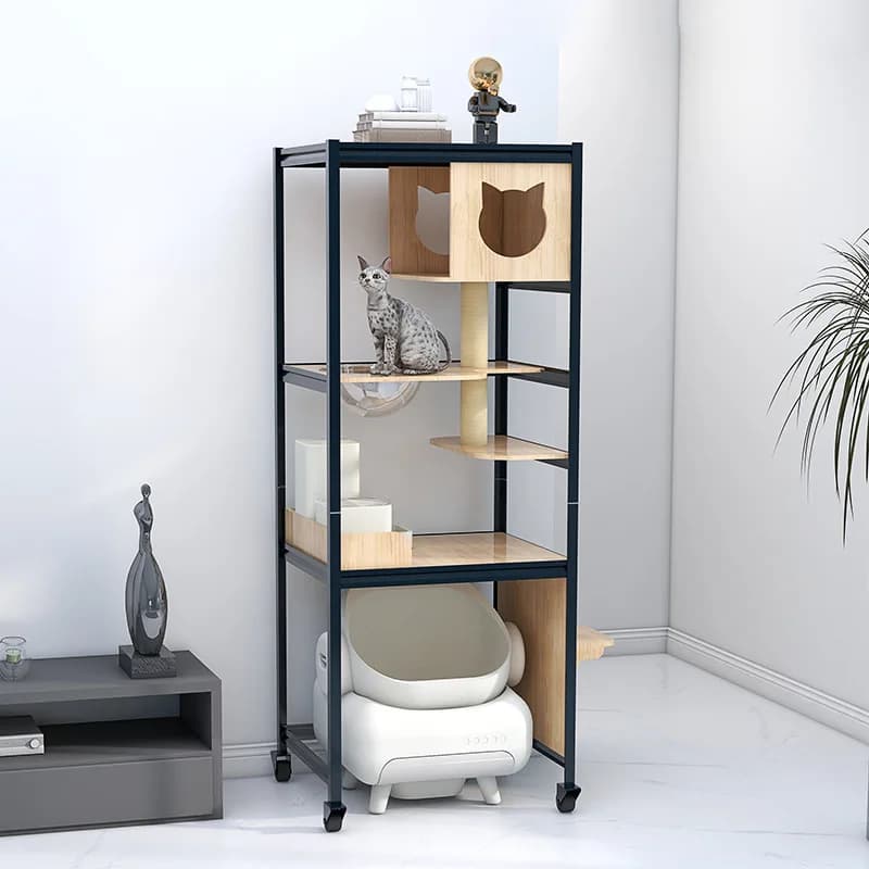 Large Pine Wood Multi-Level Cat Tree with Cat Litter Box Shelf Toilet & Bed-Paint-Free & Metal Frame