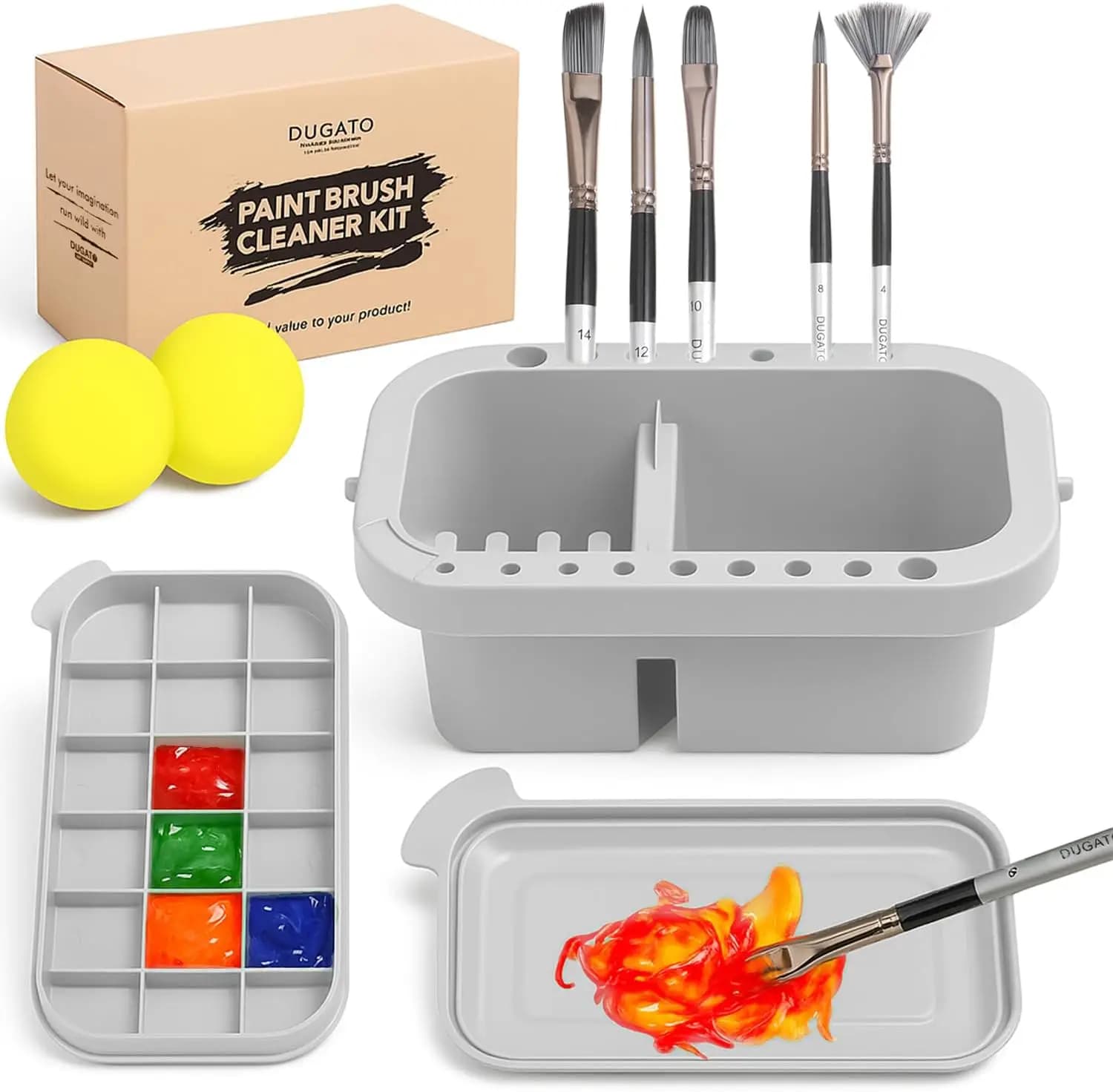 3-in-1 Paint Brush Cleaner Tool with Water Cup, 16-Slot Holder & 18-Well Palette, for Acrylic Watercolor Oil Painting, Grey
