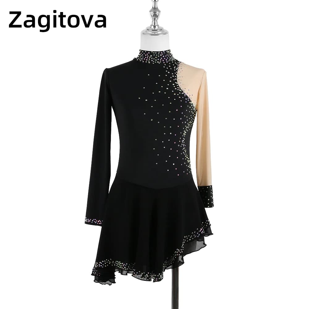 Zagitova Abito da pattinaggio di figura Donna Ragazza Gonna da pattinaggio su ghiaccio Concorso di prestazioni con gonna in rete nera con diamanti lucidi