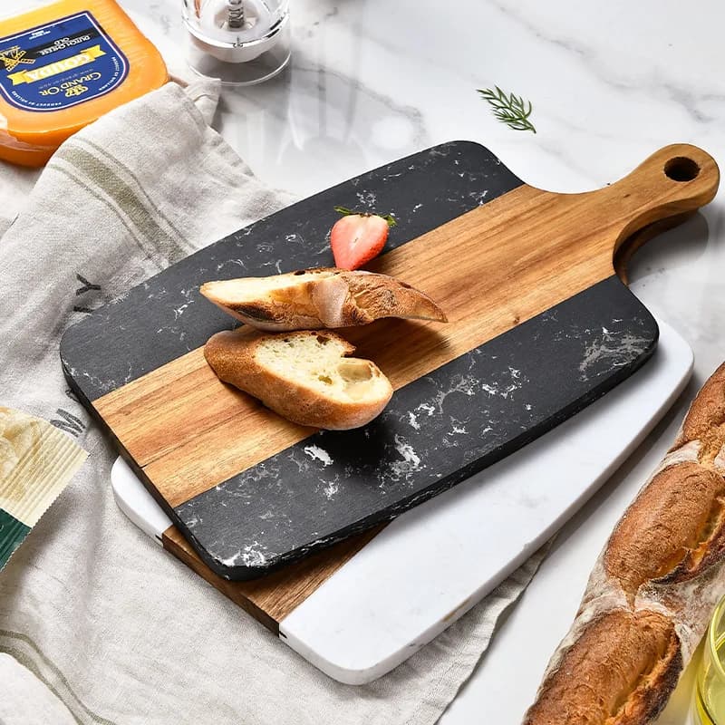 Mahogany wood cutting board - Reversible marble inlay for steaks, cheeses and fruit, flow cutter for premium meats