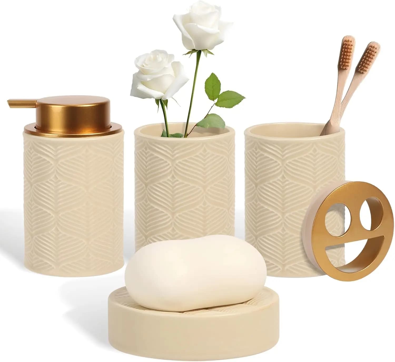 Set da Bagno in Ceramica 4 Pezzi: Dispenser Sapone, Porta Spazzolini, Vassoio e Bicchiere in Beige Stile Moderno