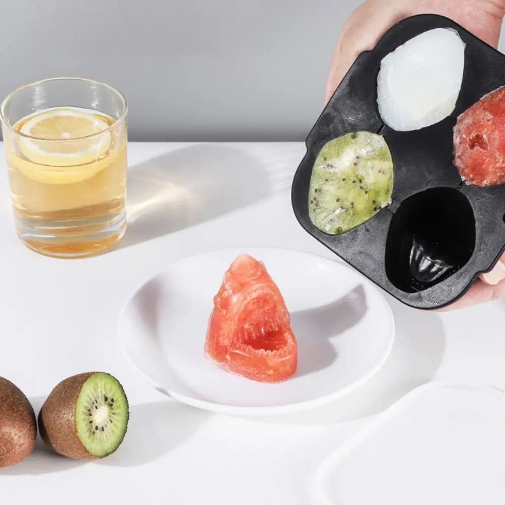 Set di 2 Stampi per Cubetti di Ghiaccio a Forma di Squalo 3D, 4 Scomparti, Facile da Sformare, in Silicone Alimentare, per Cocktail