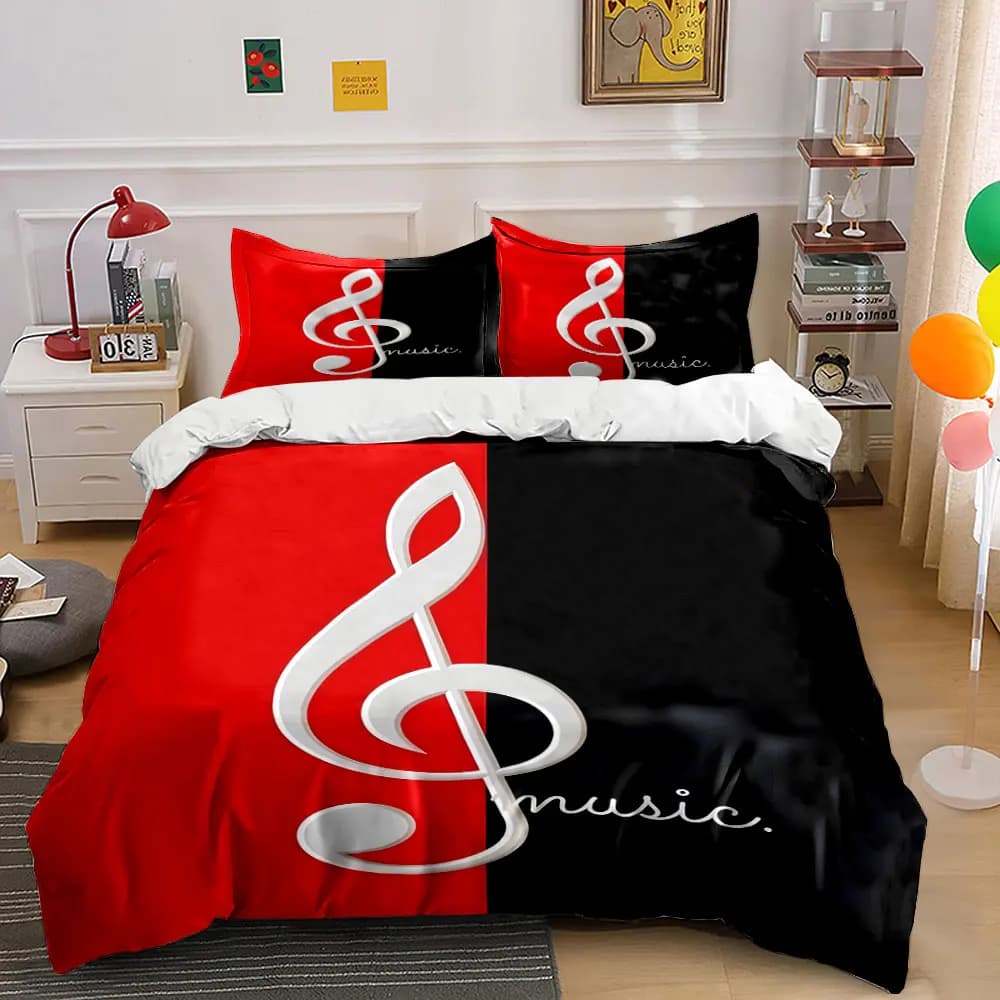 White treble clef on red-black background Bedding Set 1 Duvet Cover 2 Pillowcases for Adult and Children Luxury Gift Full Size