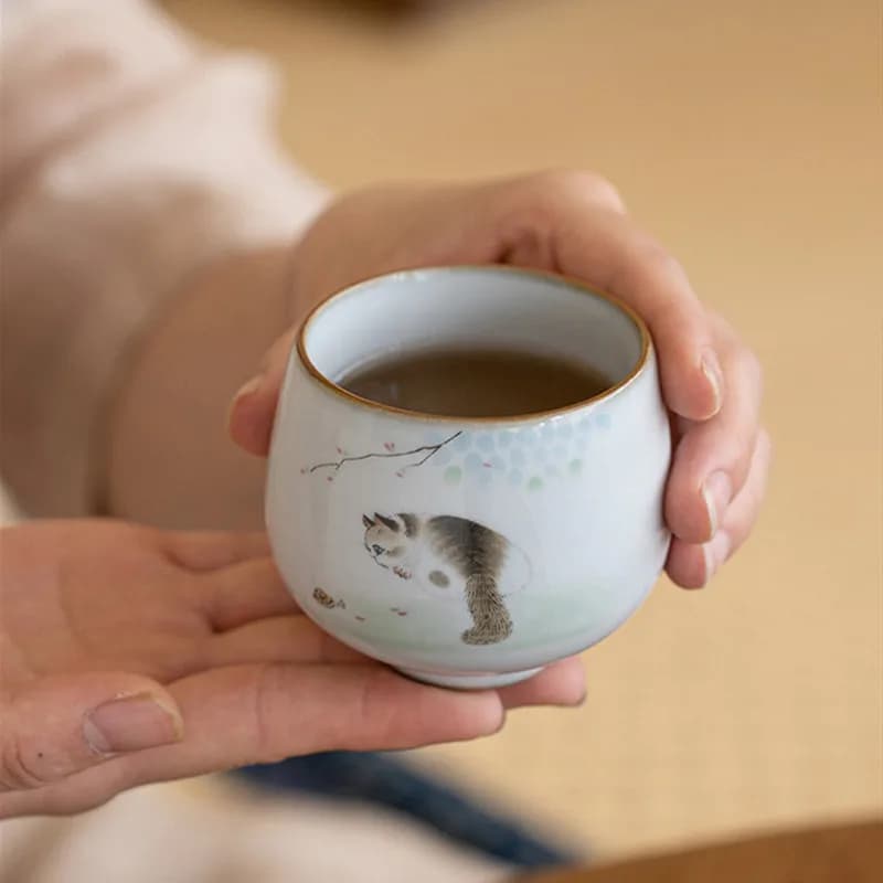 1 Pz Tradizione Cinese Ru Forno Tazza Da Tè In Ceramica Fatta A Mano Simpatico Gatto Tazza Da Tè Per La Casa Ciotola Da Tè Personale Viaggio Master Tazza Set Da Tè