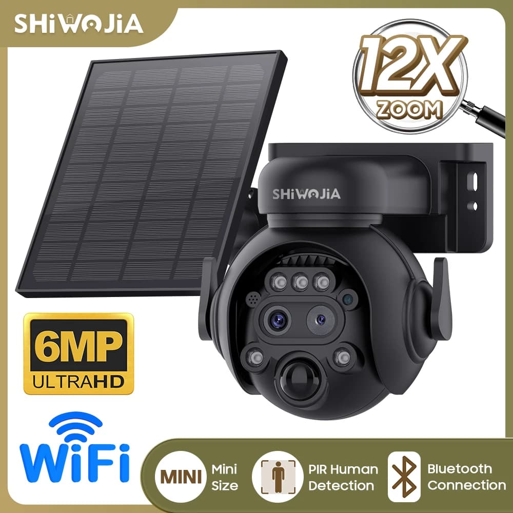 SHIWOJIA 6MP 12X Optical Zoom 4G Solar Camera WiFi PTZ PIR Detection AI Human Auto Tracking Security Cameras Outdoor
