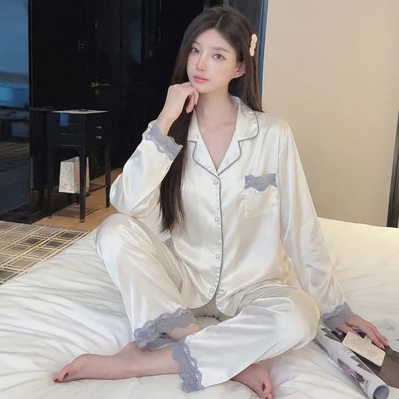 New Arrival Women's Luxury Ice-Silk Satin Lace-Trimmed Nightgown: Spring/Fall Long-Sleeve, Long-Pants Two-Piece Loungewear Set