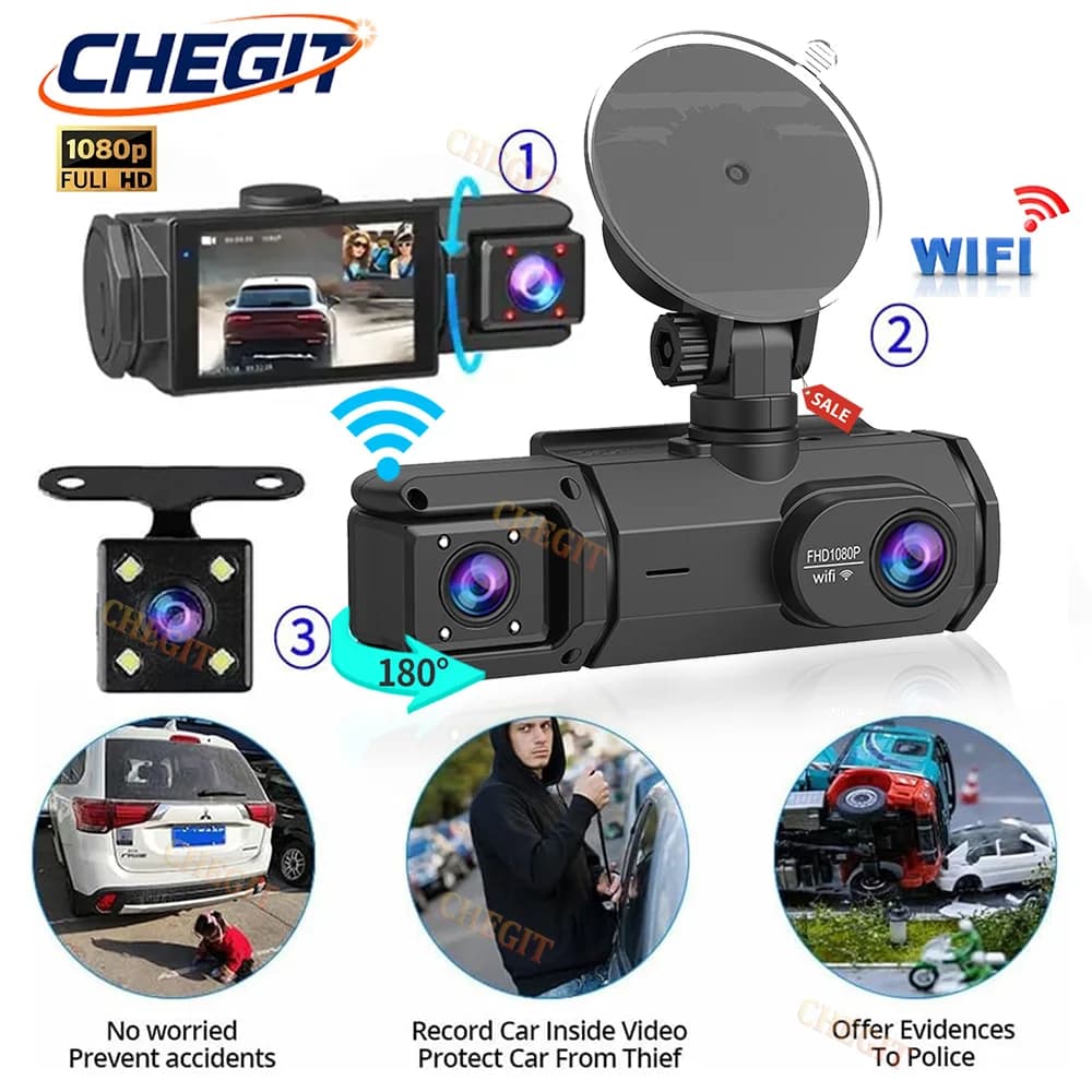 Car camera with WIFI control via APP, 2/3 channel DVR 1080P, Dash Cam for car with front and rear registration option, car camcorder, car accessories