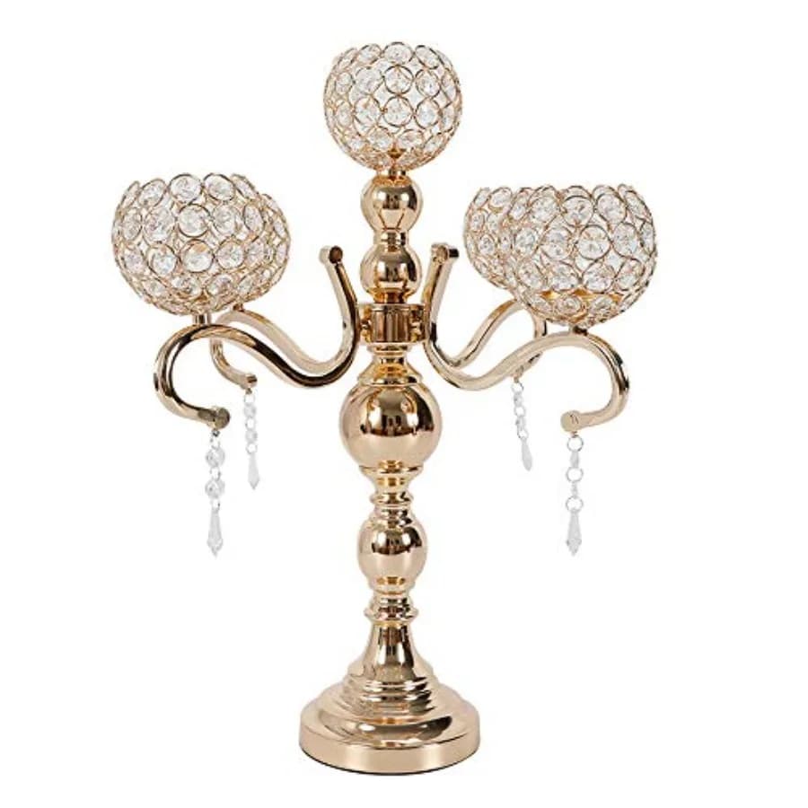 Portacandele a 5 bracci per decorazioni di matrimoni e tavoli da pranzo, in metallo dorato con gocce di cristallo, design moderno a sfera, oro