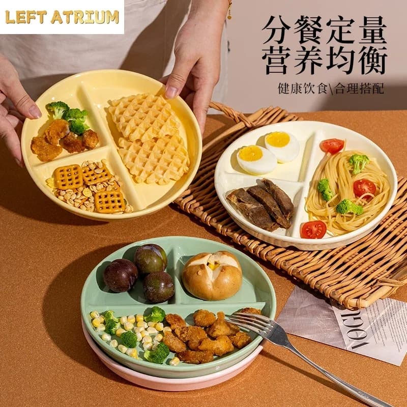 Round Three Grid Plate Ceramic 211 Fat Reducing Grid Plate Breakfast Separate Plates Adults Children Weight Loss Fruit Platters