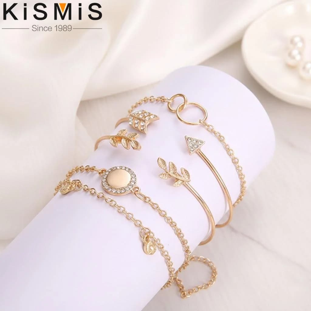 Set di 5 Bracciali a Polsino Apribili con Foglie e Frecce in Stile Vintage, Gioielli di Moda per Donne