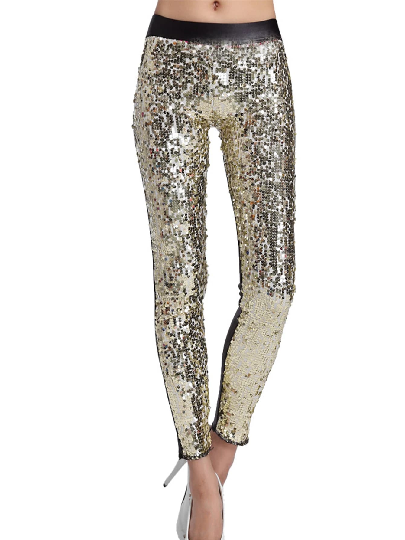Pantaloni in similpelle a vita alta in europa e negli stati uniti pantaloni a nove punte con paillettes a vita alta