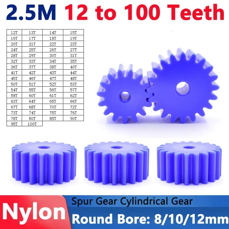 1pcs 12 to 100 Teeth 2.5M Blue Nylon Flat Spur Gear Low Noise Plastic Gear Wheel for 3D Printer/Drone/RC Car Projects