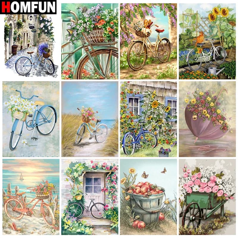 HOMFUN iamond Pittura Punto Croce "Paesaggio Fiore Bici" Pieno Quadrato Rotondo Fai Da Te 5d Diamante Ricamo Immagine Strass Arte