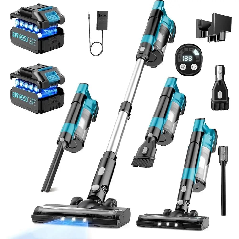Aspirapolvere Senza Fili per Casa con 2 Batterie da 8000mAh, Aspirapolvere a Bastone Ricaricabile con 3 Spazzole, Aspirapolvere Portatile Senza Fili 6 in 1