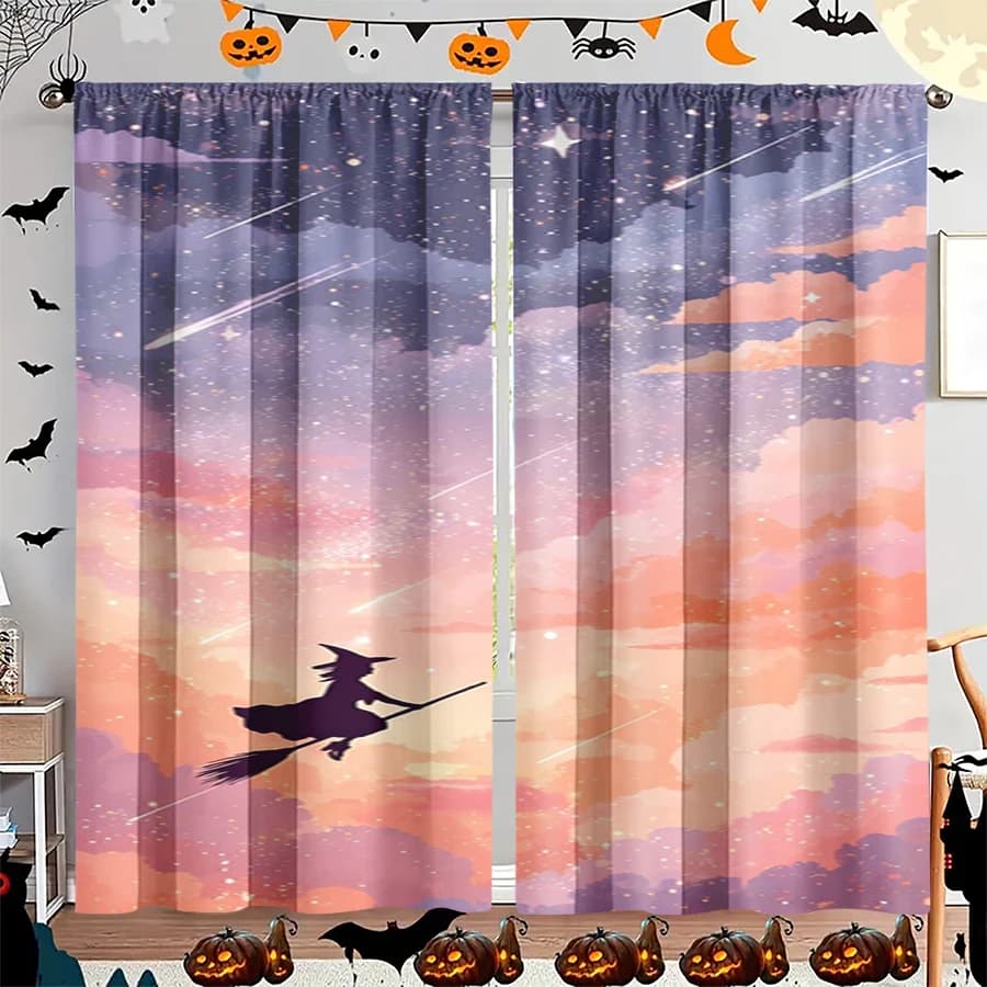 2PCS Digital Print Curtain, Witch Broomstick Sunset Cloud Meteor Purple, Halloween Mystic Celestial for Living Room Decor