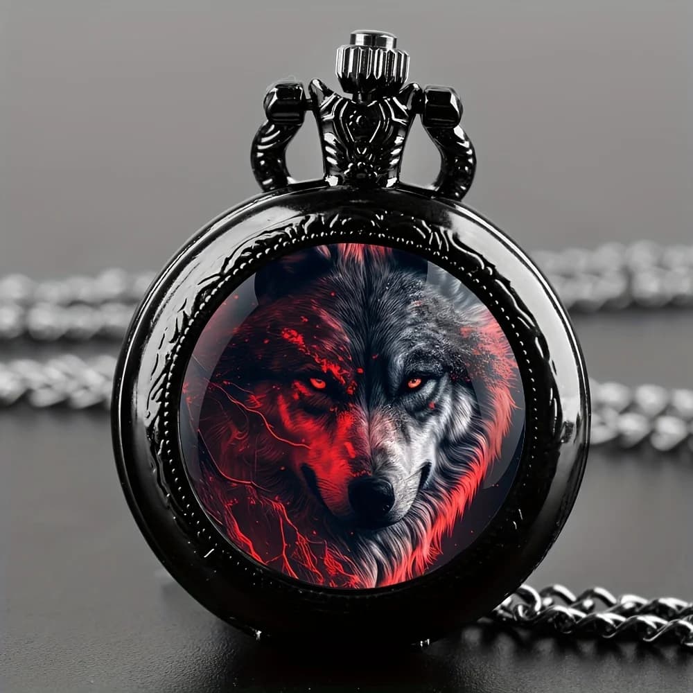 Orologio da tasca al quarzo con design animale lupo vintage con pendente a collana nera Caratteristica mondiale, display analogico per donne, uomini e bambini