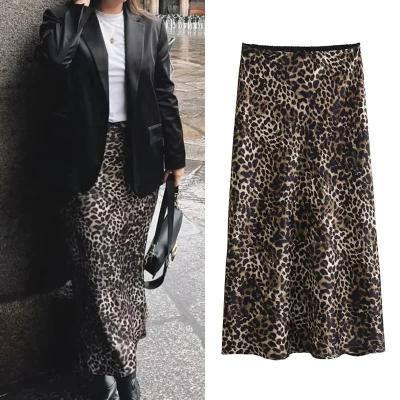 MUJER Gonna in raso con stampa leopardata Gonna longuette vintage con fiocco da donna 2025 Gonne lunghe eleganti estive per le donne Gonne da donna di moda