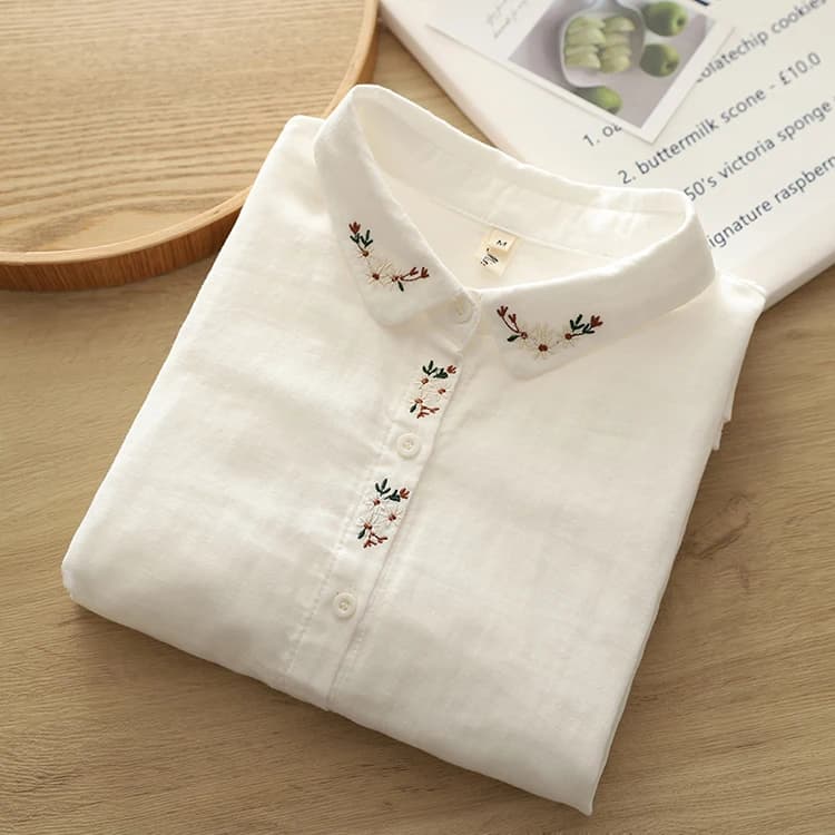 Nuove donne autunnali camicie in filato di cotone a doppio strato ricamo a maniche lunghe fiore allentato camicetta morbida Casual da ufficio top da donna
