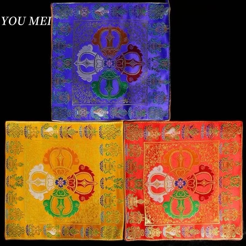 Nepal Hand-Embroidered Vase Mats,Tri Color Tibetan Auspicious Symbols Table Mats,Instrument Vajra Bell Pestle Mats Buddhist Item