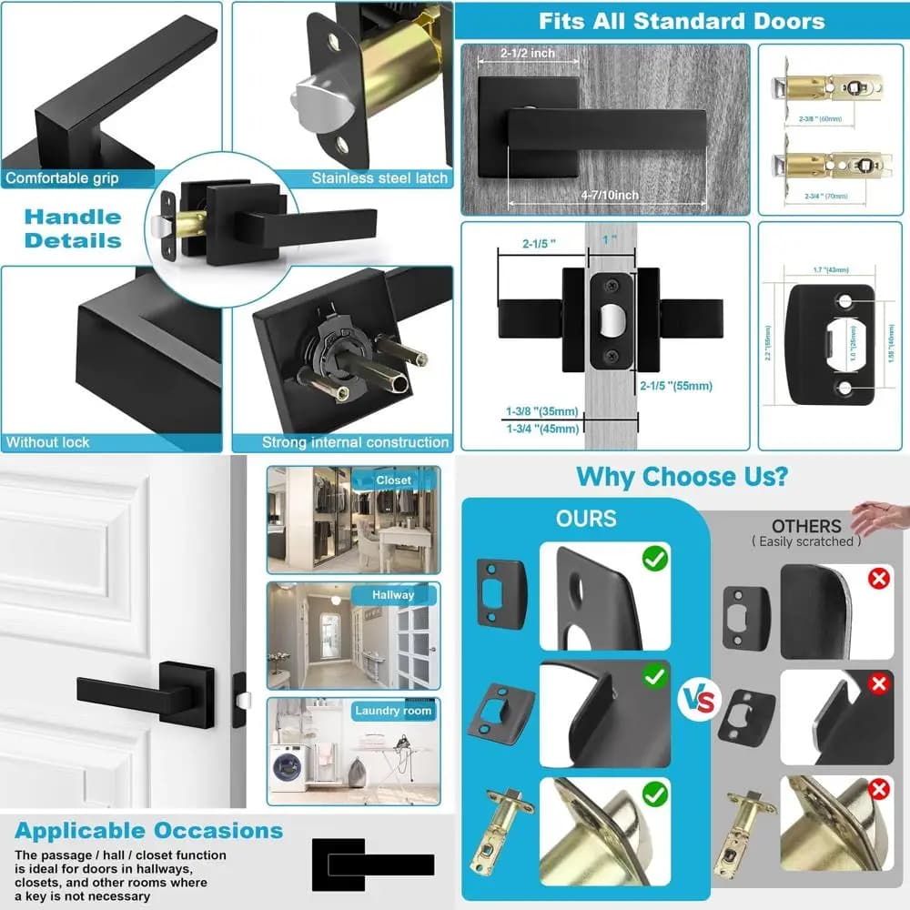 Maniglie per Porte Quadrate Nere Opache Senza Blocco, Manopole Robuste per Porte Interne di Corridoi e Armadi