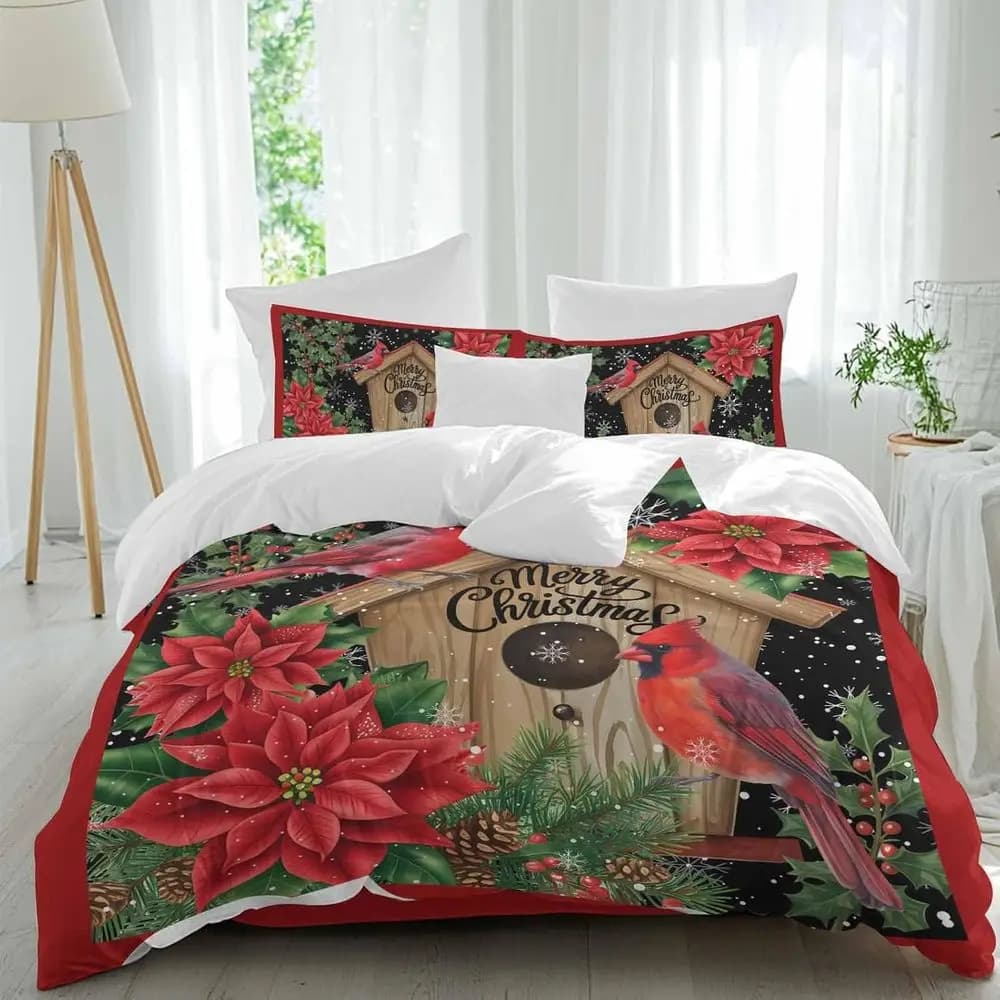 Set di lenzuola Merry Christmas, motivo natalizio con Poinsettia, Nido d'Uccello, Agrifoglio, Lago Invernale, Nero, 4 Pezzi, Traspirante, Set Copripiumino Morbido e Accogliente