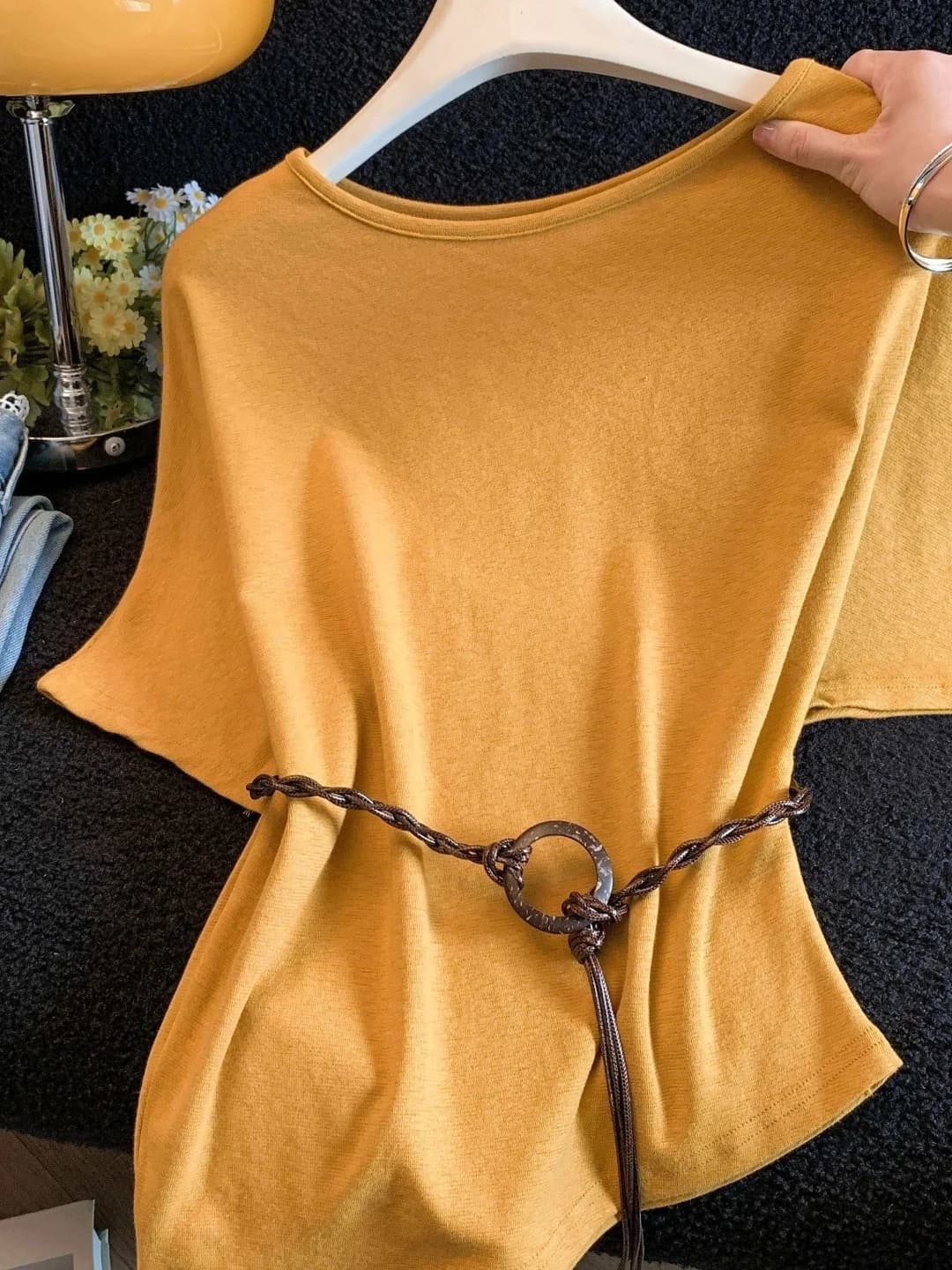 Korean Style Lazy Asymmetric Batwing Sleeve Short Sleeve T-Shirt Women's Summer New Waist Shaping Slimming Top with Waist Belt