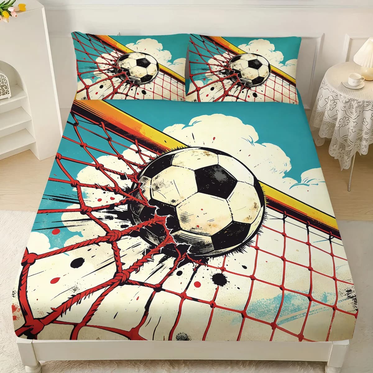 Set of 3 Sheets with Football Stadium Printing, Multi-Measurement Cover, Bedroom Decoration, Washable in Washing Machine