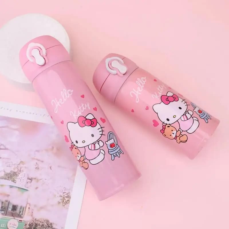 Hello Kitty Pop Up Paglia Bottiglia d'acqua per bambini in acciaio inossidabile Mini thermos portatile da 500 ml con maniglia per il trasporto Design carino a forma di pisello