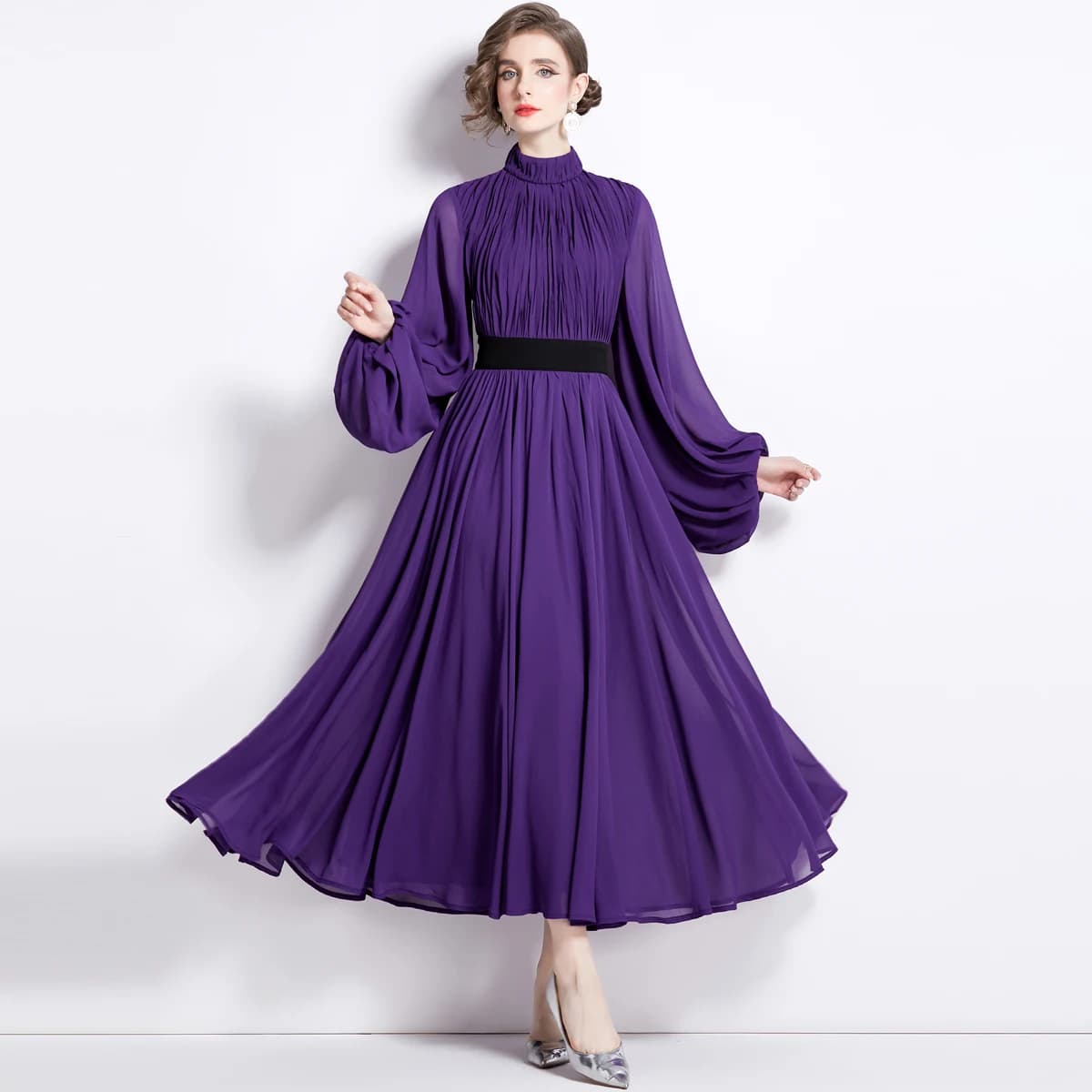 Vintage Purple Chiffon Patchwork Pleated Maxi Dress Women's Stand Long Lantern Sleeve Loose A Line Evening Party Robe Vestidos