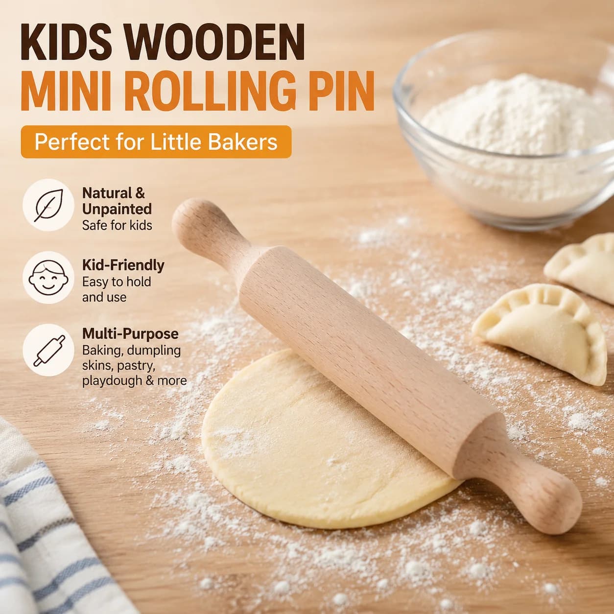 Kids Wooden Mini Rolling Pin, Unpainted Small Dough Roller for Baking, Dumpling Skin Making, Pastry, Playdough Crafts, Safe for