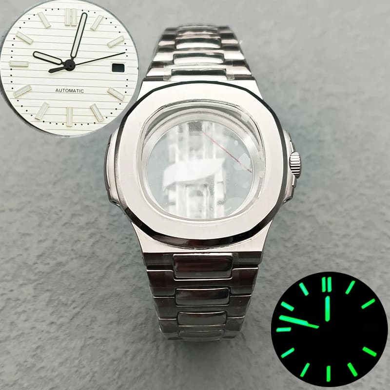 Stainless steel watch case Nautilus silver with transparent back suitable for movement NH35 NH36 4R Sapphire crystal 29.8 mm Dial Replacement of men's case