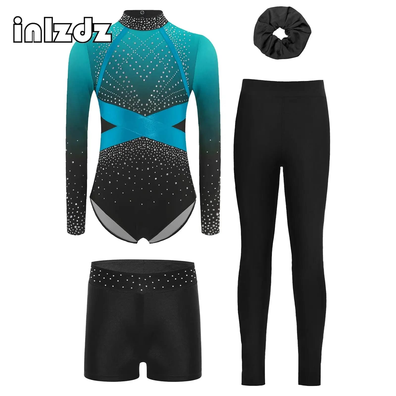 Set da 4 Pezzi per Bambine: Completo da Ginnastica, Pattinaggio Artistico e Danza con Body a Maniche Lunghe con Strass, Pantaloncini, Leggings e Fascia per Capelli