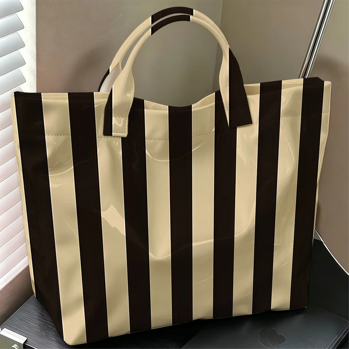 Camel & Black Stripes Cute Large Glossy PVC Tote Bag Hand Washable Lightweight Soft for Travel Commute Makeup Storage Handbags