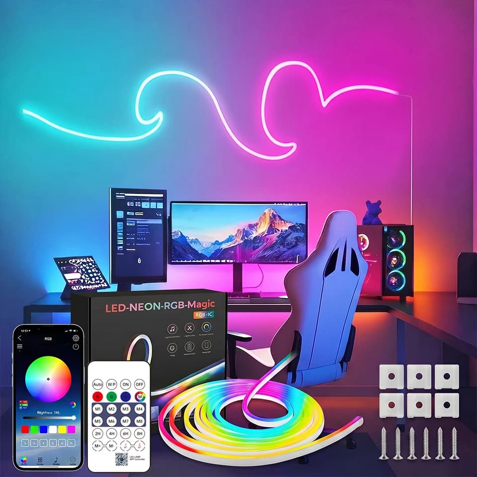 Striscia LED Neon RGBIC USB DC5V 1m-10m IP65 Impermeabile con Controllo Remoto Bluetooth e Sincronizzazione Musicale per Illuminazione Decorativa Fai-da-Te