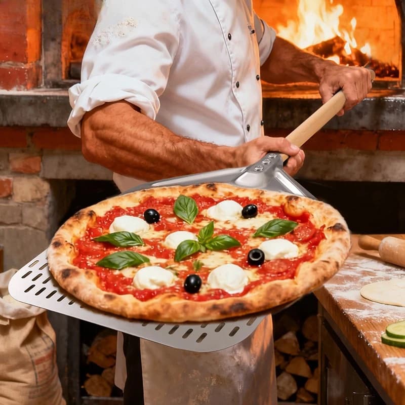 Pala per pizza cava in acciaio inossidabile con manico in legno, pala per forno, pala per trasferire torte, pala per pizza, utensili da cucina per la cottura
