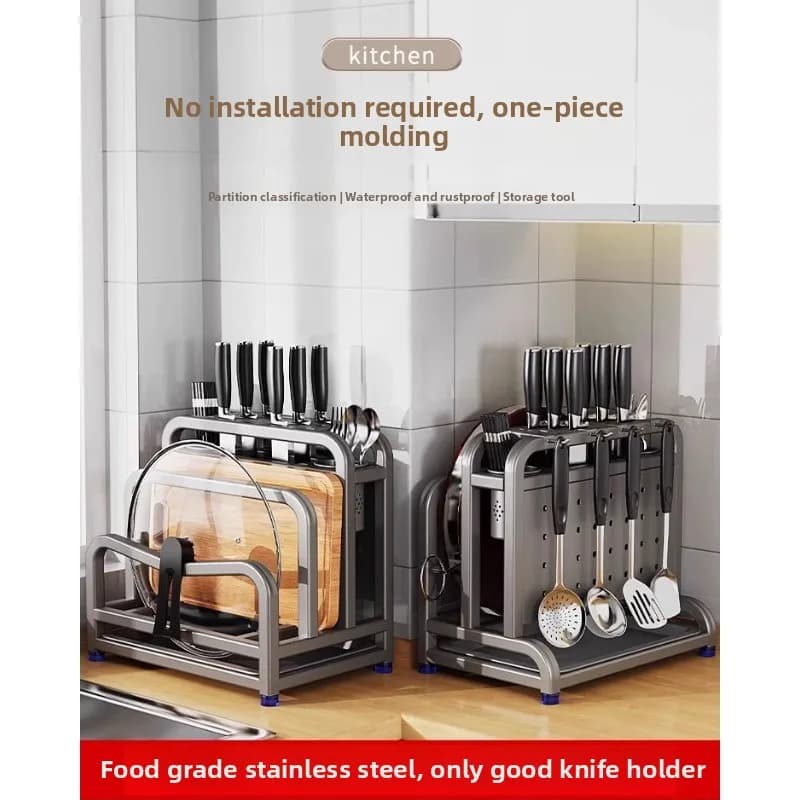 Stainless steel kitchen knife holder, cutting board, knives, multifunctional wand cage, integrated storage and positioning