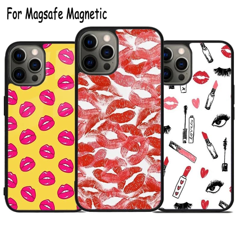 Cover Magnetica Wireless Lipstick Love Fashion per iPhone 17 Air 15 16 16e 14 13 11 12 Pro Max Plus con Bumper Magsafe