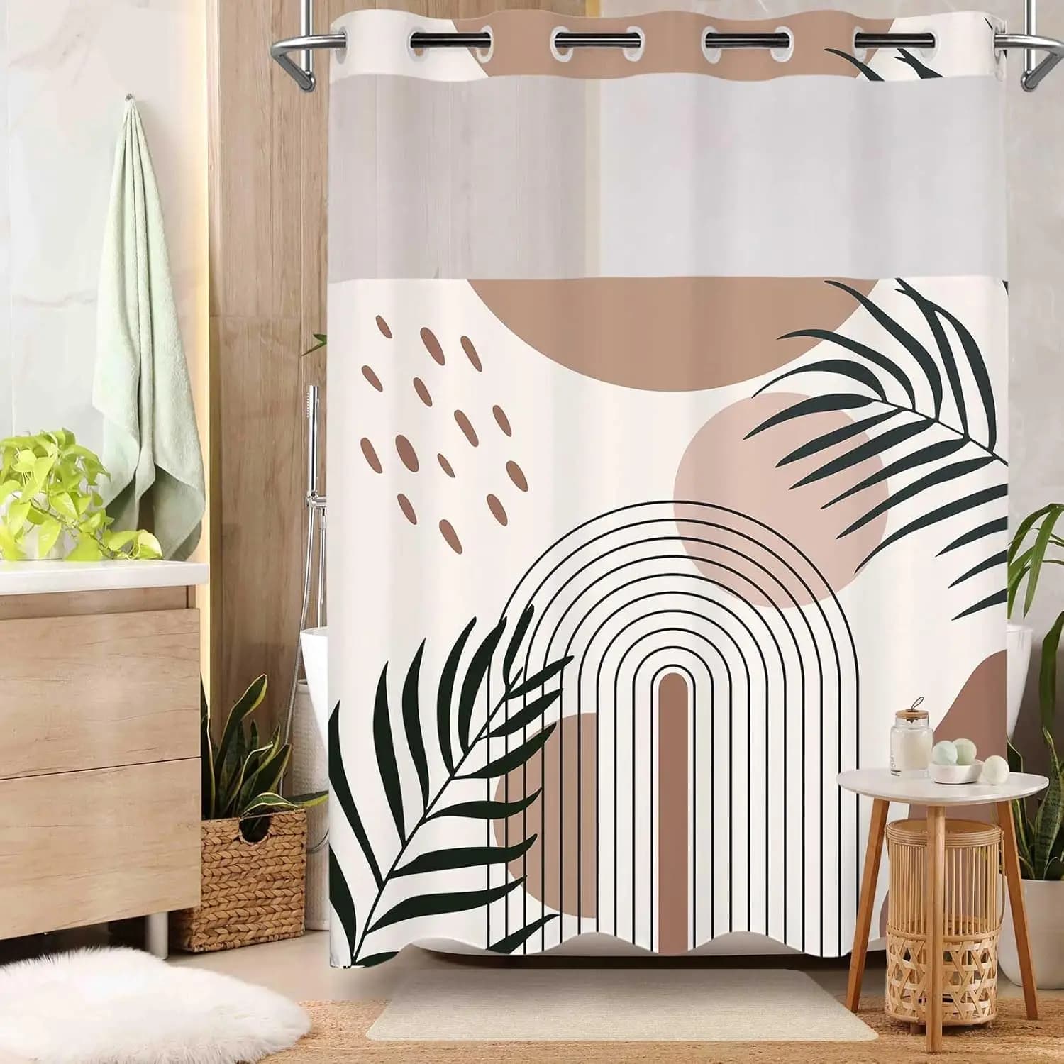 Tenda da doccia senza gancio con fodera e set di rivestimenti a scatto, tenda da doccia Boho Mid Century Sun per l'arredamento del bagno 71x74 pollici