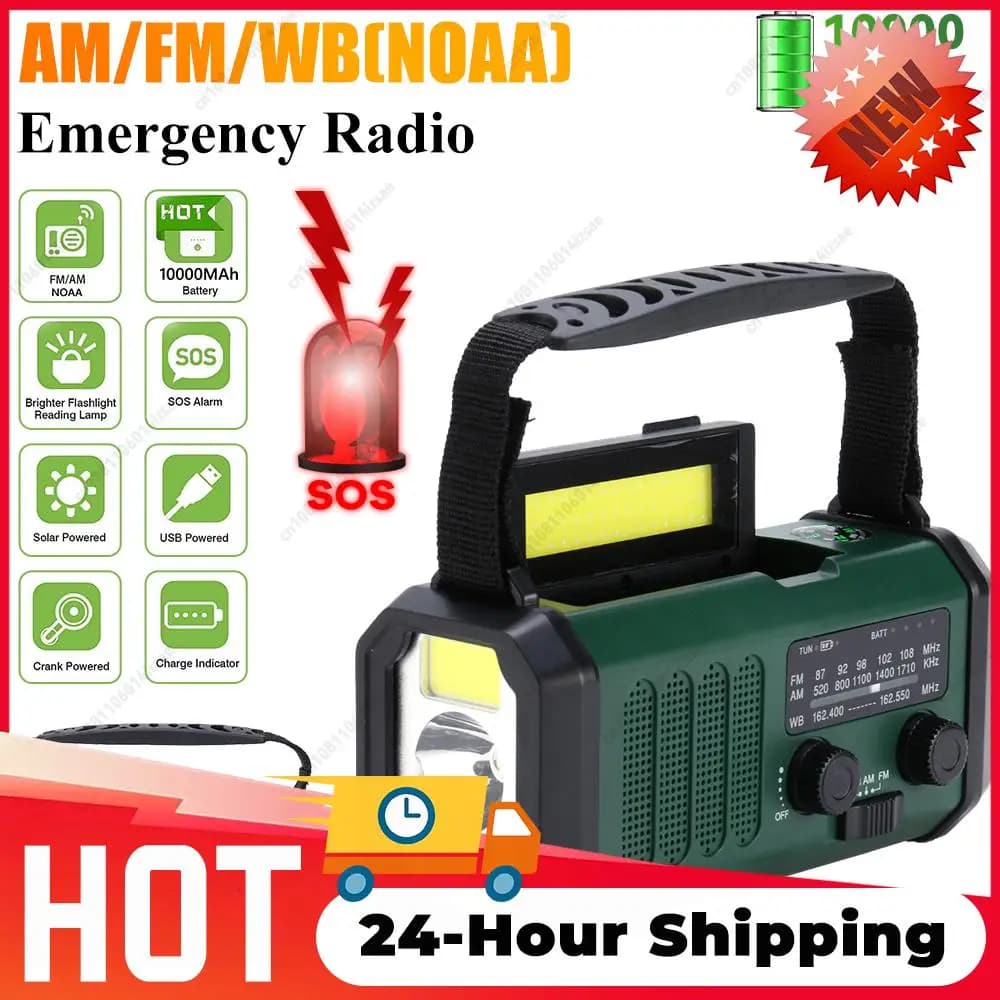 Radio di Emergenza LED AM/FM/WB con Power Bank da 10000mAh, Torcia, Lampada da Lettura, Radio a Manovella, Ricarica Type-C e Allarme SOS