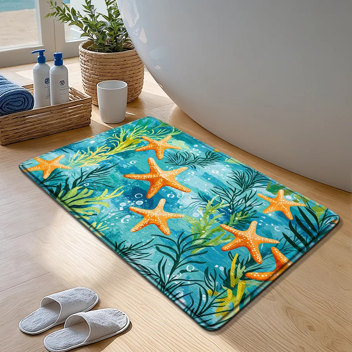 Tappetino da bagno a tema oceano - Tappeto in spugna ultra morbida - Assorbimento rapido e asciugatura rapida - Antiscivolo e delicato sulla pelle - Arredamento bagno