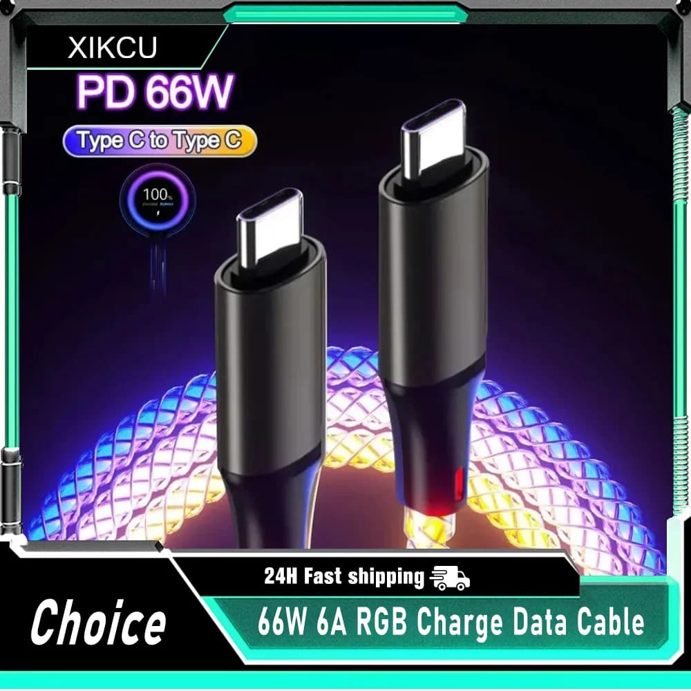 Quick Charge USB-C Data Cable 66W 6A with RGB Light for Xiaomi K60 Ultra, Samsung S23, iPhone 14 - Auto Charging Cable