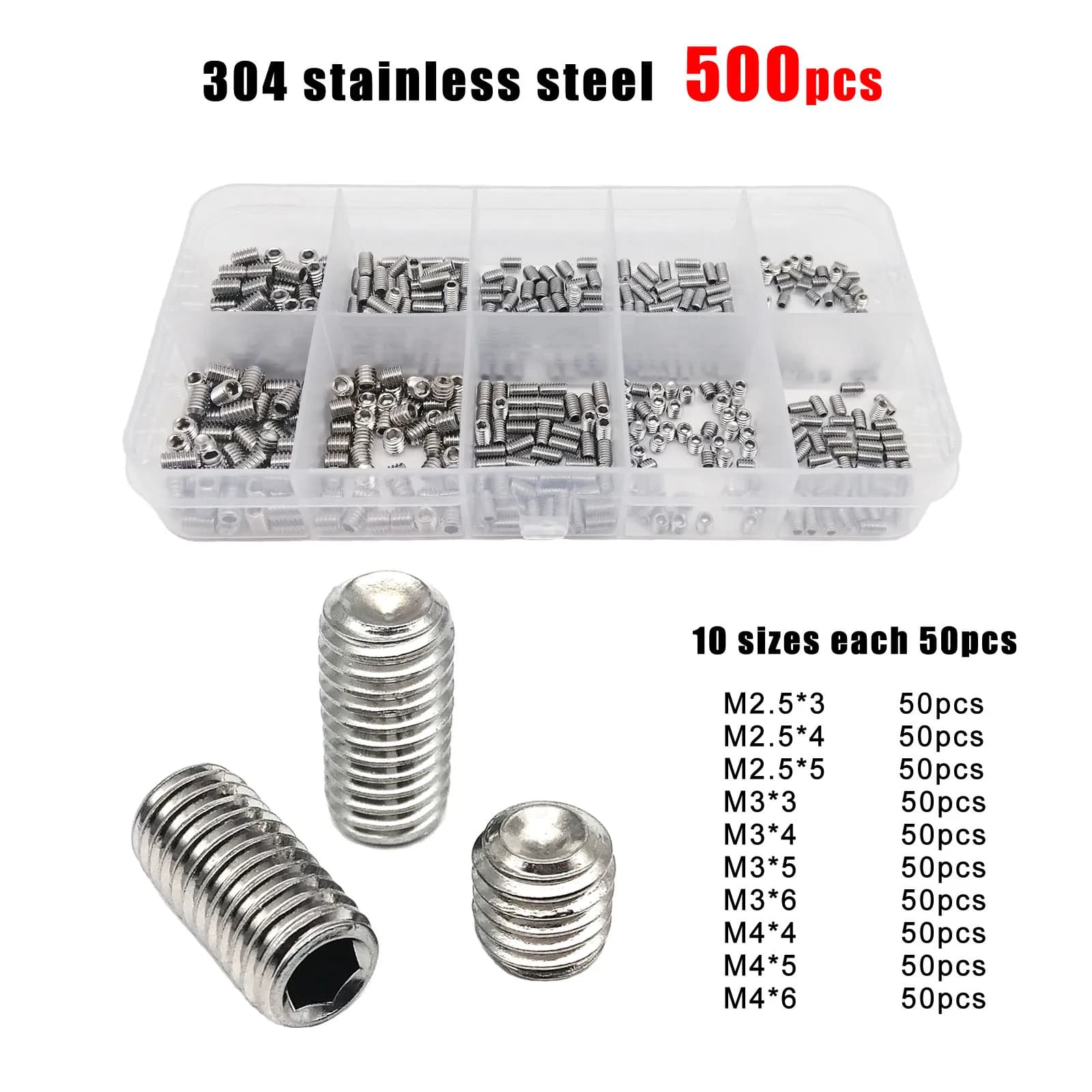 Set of Hexagon Head Screws DIN913 Stainless Steel 304 Black, M2 M2.5 M3 M4, Box Kit